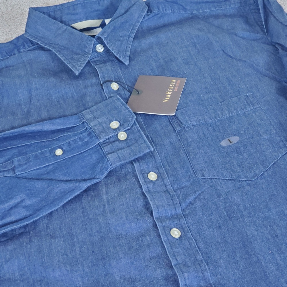 Van Heusen Button Down Mens L Blue Denim Soft Cotton Long Sleeve Shirt